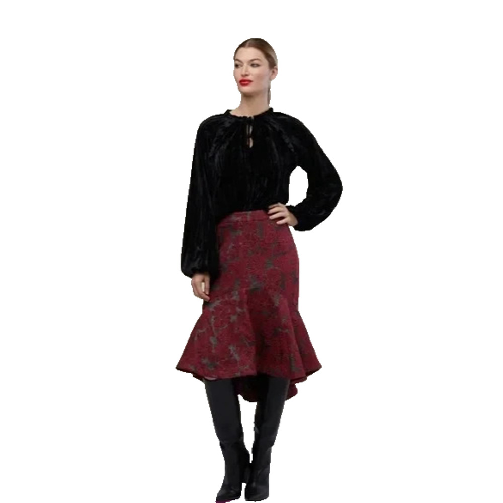 NWT Rachel Parcell Womens Red Metallic Floral Hi-Low Fit & Flare Skirt Size 0